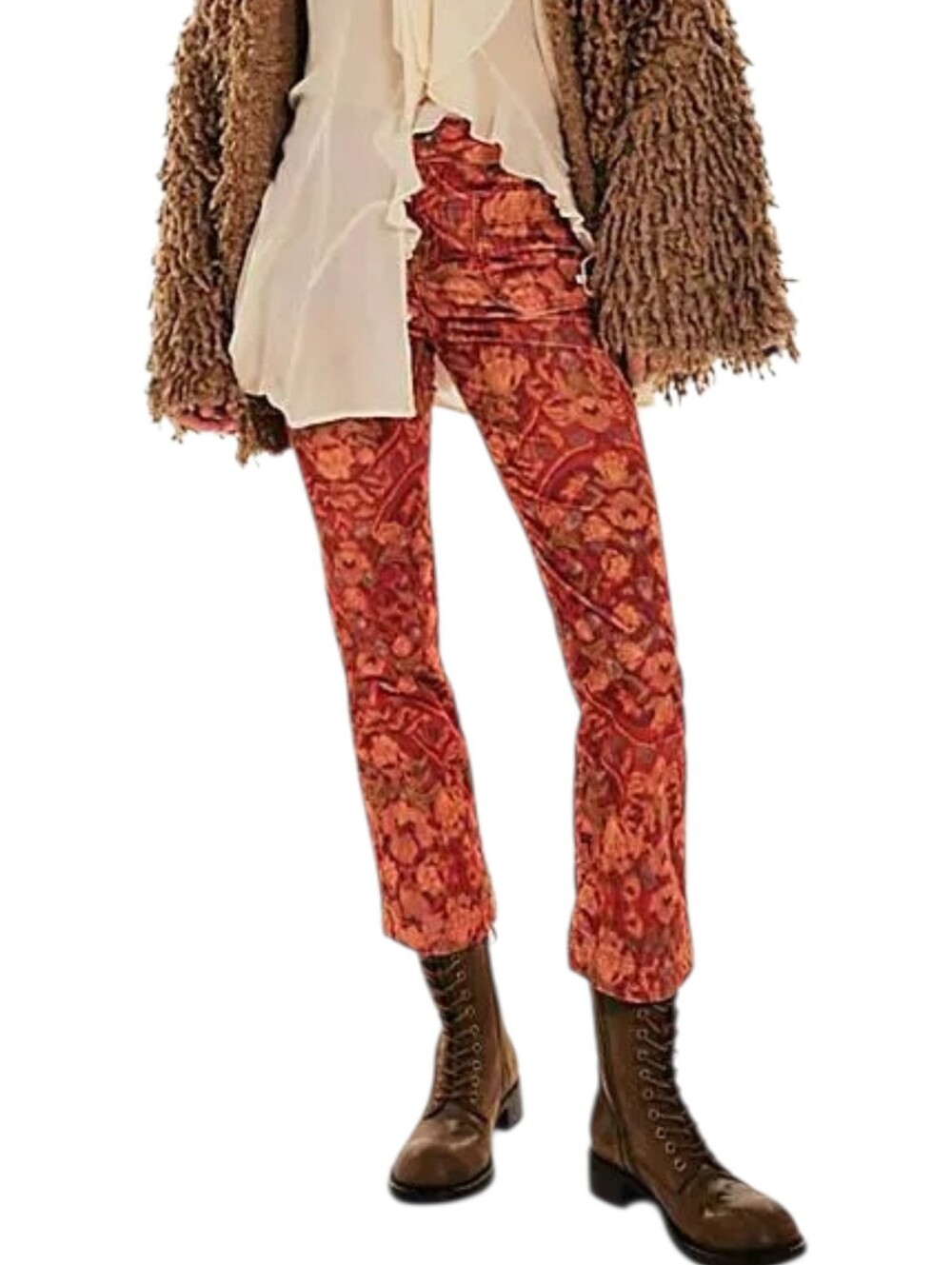 Free People High Time Kick Flare Pants Ruby Combo Gypsy Rug Corduroy Size 2 NWT